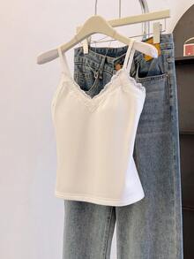 SHEIN Franclia Women's Solid Color Lace Patchwork Elegant Camisole, Ladies Lace Splicing V-Neck Thermal Lined Warm With Bra Cup Fashionable Camisole, Women's Fashionable Autumn And Winter Tops, Women's Velvet Lace Base Top, Suitable For Autumn And Winter, Winter Clothes For Women, Autumn Outfits For Women, New Year Women, White Top, Women's Solid Color Warm Base Top, Bra Cup Integrated Base Top, Suitable For Going Out As An Elegant Base, Women's Casual Top For Going Out