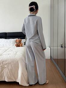 SHEIN 编织条纹刺绣拼接长袖上衣和裤子女士睡衣套装秋冬服装 - 深灰色 - 查看 4