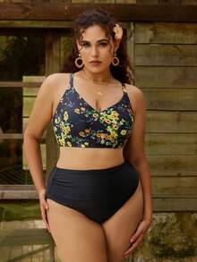 Swim Vcay Plus Size Spaghetti Strap Bikini Top And Triangle Bottoms 2 Pieces Swimsuit Set - Multicolor - View 3