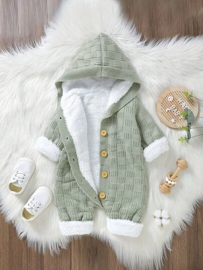 SHEIN Pelele de felpa con capucha informal para bebé niño, verde claro