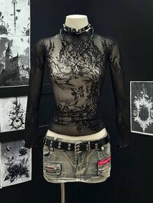 EgrlEra Elegant Black Jacquard Long Sleeve Blouse - Black - View 1