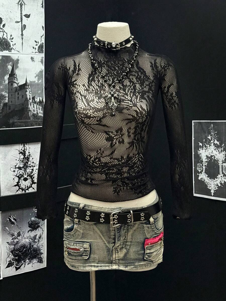 EgrlEra Elegant Black Jacquard Long Sleeve Blouse - Black - View 1