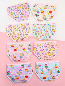 8pcs/Pack Girls' Full Print Contrast Binding Comfortable Briefs - Multicolor - View 1