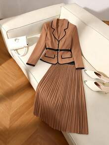 GlowEve Women's Elegant Khaki Jacket With Black Collar, Metal Decor, Faux Pockets, Long Sleeve, Fitted, Metal Belt Accent + Women's Elegant Khaki Skirt With Black Trim, Elastic Waist, Pleated, Fitted, Flared, Spring/Autumn - Khaki - View 3