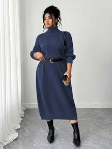 SHEIN Tall CURVE 大码休闲高领插肩袖毛衣裙 - 藍色 - 查看 5