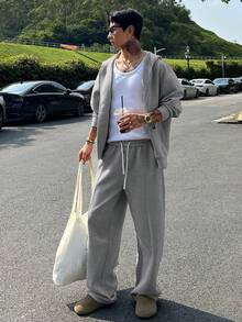 DAZY Conjunto de chaqueta y pantalones grises lisos para hombre, para otoño/invierno, atuendos acogedores