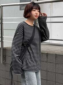 DAZY Loose Striped Color-Block Panel Long Sleeve Long Tee For Women Preppy Tops,Fall Women Clothes - Grey - View 5