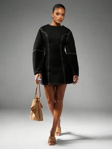 MISSGUIDED 修身迷你牛仔连衣裙，茧型袖，撞色缝线，适合秋季休闲穿着 - 黑色 - 查看 3