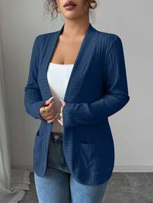 SHEIN PETITE Veste légère décontractée pour femmes, à côtes, brossée, à l'avant ouvert, avec poches latérales - Bleu azur - Voir 3