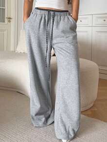 DAZY 女士格子拼接抽绳腰宽松保暖休闲裤，冬季款 - 灰色 - 查看 5