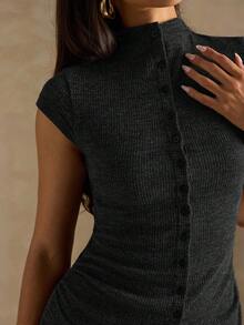 SHEIN BAE 女士纯色前扣修身迷你连衣裙，通勤风格 - 黑色 - 查看 7