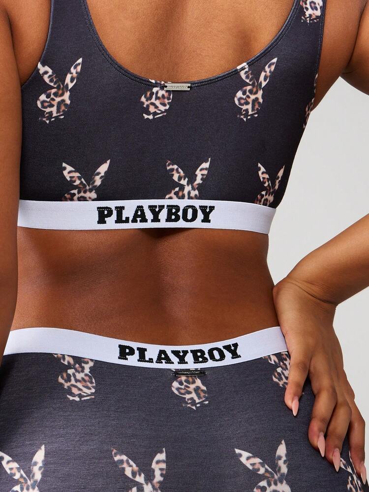 Missguided x Playboy Leopard Print Bralette And Shorts Lingerie Set With Elastic Waistband