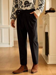 Mainfolk Men's Solid Color Fold Pleated Pocket Straight Leg Business Dress Pants - Black - View 5