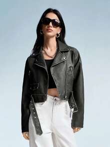 GENKIRA 女士时尚拉链腰带短款机车夹克 - 黑色 - 查看 4