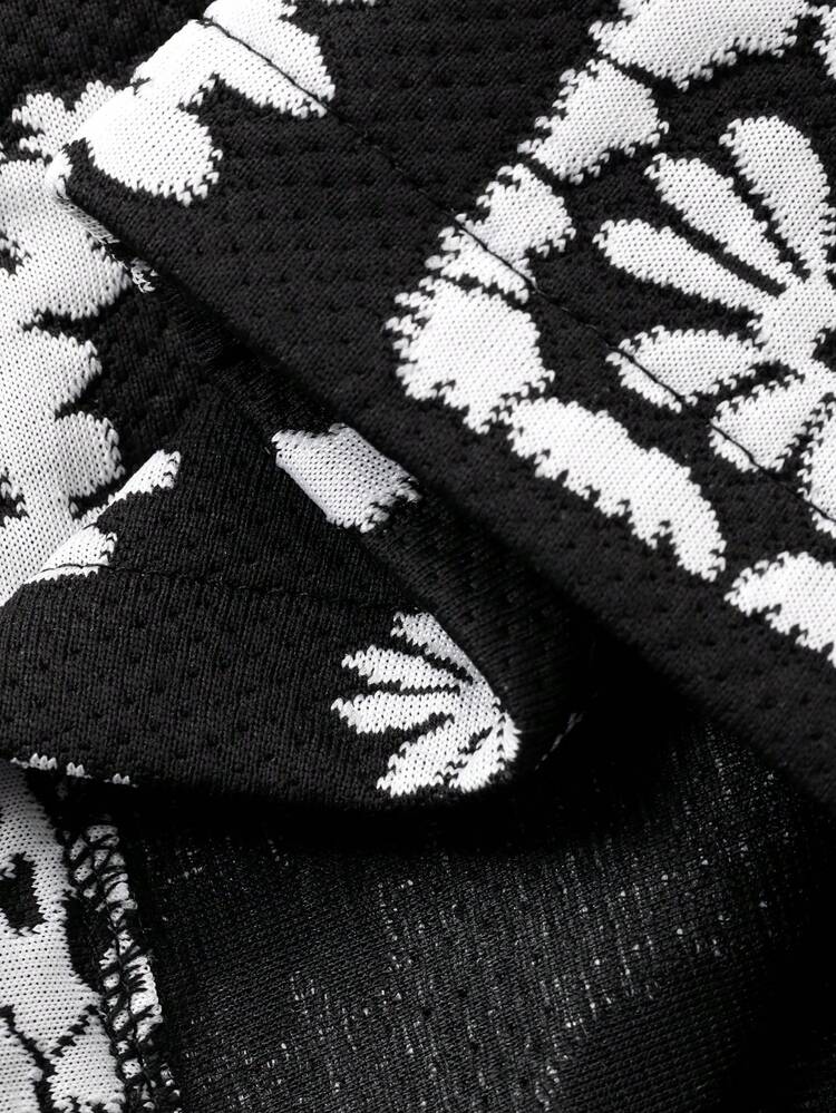 Vintage Black & White Contrast Jacquard Asymmetric Fitted Elegant Shorts For Women, Autumn/Winter