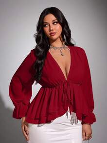 Viva Relle Plus-Size New Year Sexy Solid Color Deep V-Neck Ruffled Hem Sash Long-Sleeve Valentine's Day Shirt Fall - Burgundy - View 5