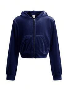 SHEIN Bộ đồ 2 món giản dị thanh lịch dành cho bé gái tuổi mới lớn, áo hoodie nhung đính đá Rhinestone có khóa kéo và quần ống loe ôm - Màu xanh hải quân - Xem 8