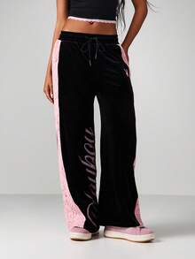 Missguided x Playboy Quần jogger ống rộng nhung phối ren có dây rút ở eo, mang lại sự thoải mái và phong cách thường ngày - Nhiều màu - Xem 5