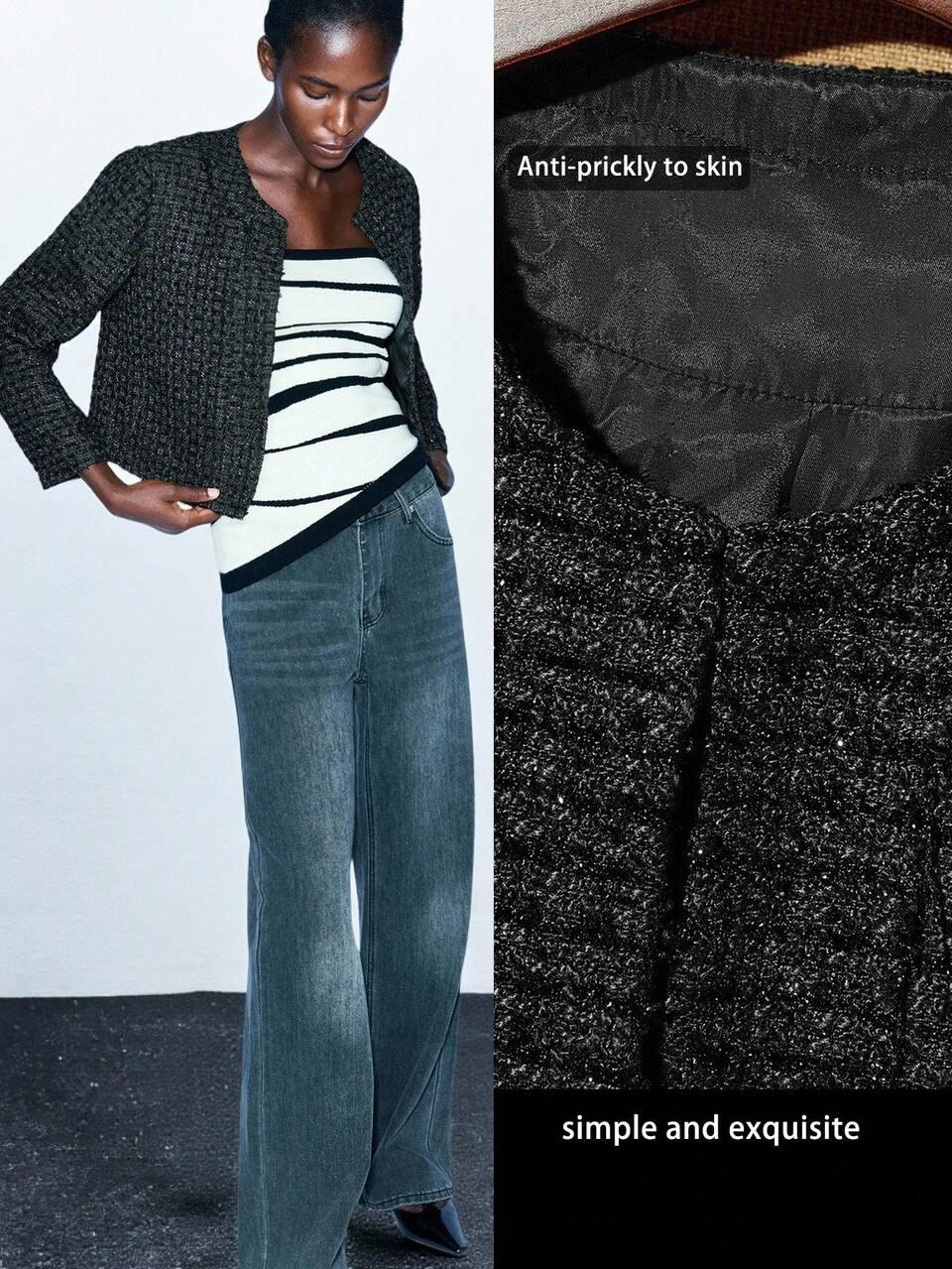 SHEIN Maija 2025 Sequin Embellished Black Tweed Lightweight Cardigan Jacket, Suitable For Early Autumn, Back To School, Party Season