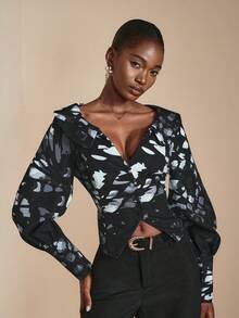 JIAN LASALA Camicetta donna casual a maniche lunghe con stampa all-over, abbottonatura frontale, vita stretta, scollo a V profondo, collezione di abbigliamento elegante e di lusso, top con grafica raffinata per l'autunno