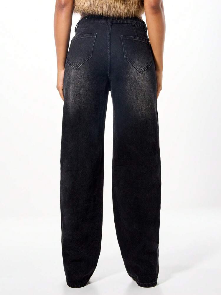 SUMWON NYC Graphic Wide Leg High Rise Jeans With Pink Letter Embellishments And Metal Studs