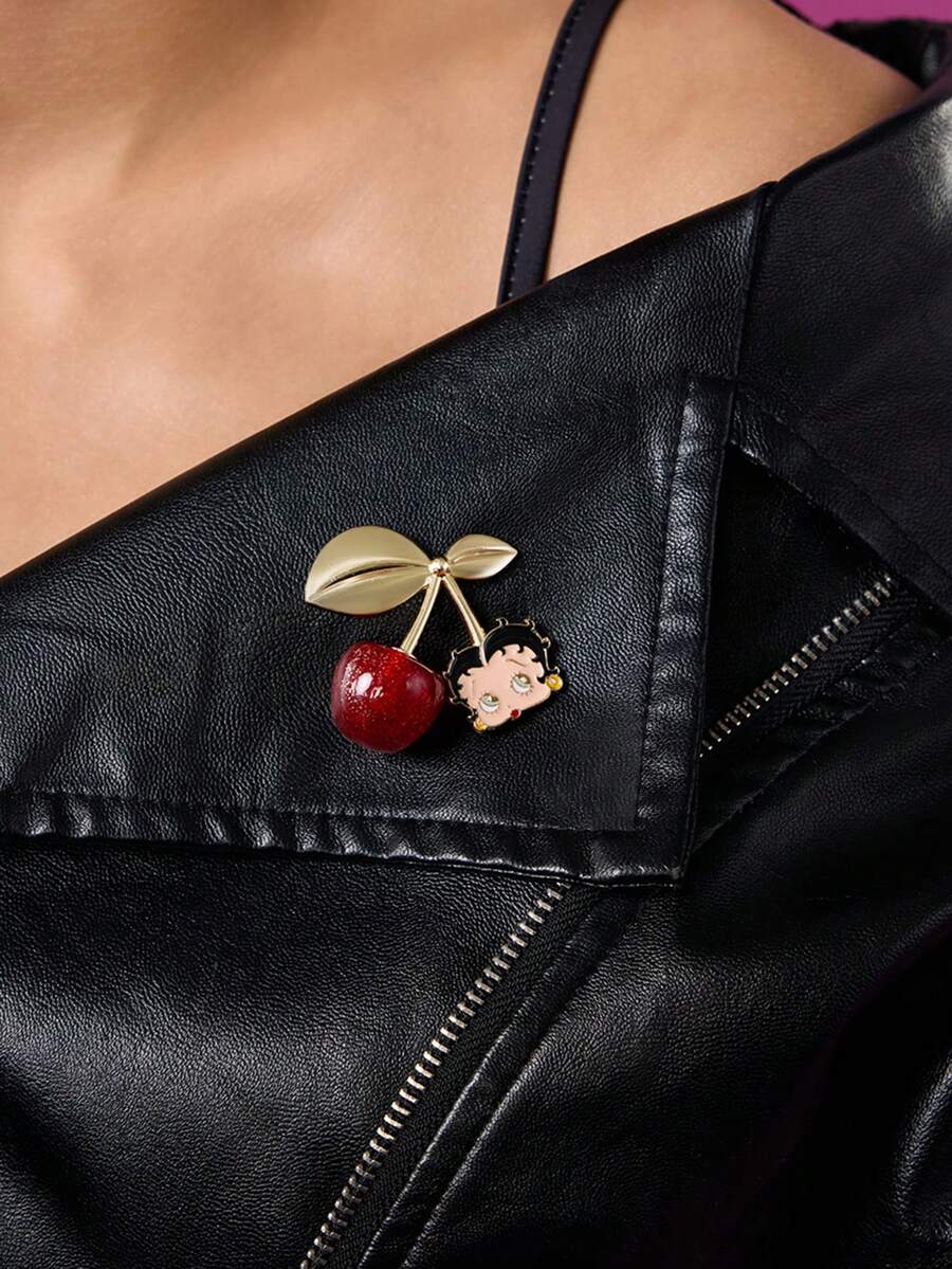 Betty Boop x SHEIN Zinc Alloy Three-Dimensional Red Cherry Brooch, Gold Pin Badge, Gift Collection Souvenir, Suitable For Matching Coats, Shirts, Suits, Bags.Gift Ideas,Party,Holiday,Valentine's Day - Multicolor - View 1