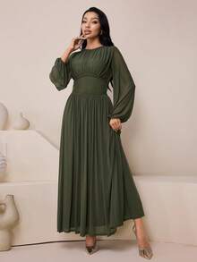 女士优雅纯色束腰阿拉伯风格连衣裙 - 軍綠色 - 查看 7