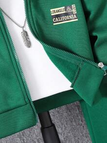 SHEIN 2 件套年轻男孩标语印花拉链连帽运动衫和运动裤休闲装，秋冬 - 綠色 - 查看 4