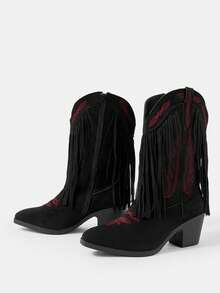 Styleloop Giày bốt cao gót mũi nhọn tua rua phong cách miền Tây thời trang cho nữ, thích hợp cho tiệc tùng, Giáng sinh, Halloween, phong cách miền Tây - màu đen - Xem 3