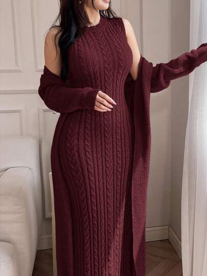 Feyla 2pcs/Set Women Elegant Solid Color Stand Collar Cable Sleeveless Dress And Long Sleeve Cardigan Set 2 Pieces Set In Fall/Winter Sweater Dress Winter Dress Knit Two Piece Set