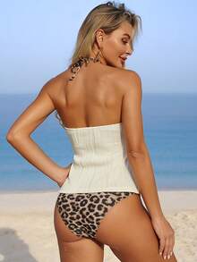 Swim Lushoire 2 件套女式细肩带比基尼，性感休闲度假成熟豹纹纹理面料泳衣 - 彩色 - 查看 2