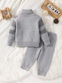SHEIN 2pcs/Set Baby Boy/Girl Casual High Neck Plaid Sweater And Jogger Pants Set, Suitable For Autumn/Winter Wear - Grey - View 2