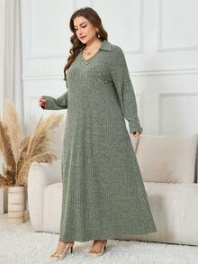 Lacomfia Plus Size Elegant Casual Solid Color Ribbed Long Sleeve Dress - Army Green - View 6