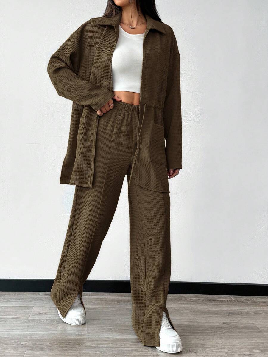 Mulvari 2pcs/Set Women Solid Color Front Zipper Pocket Long Sleeve Top And Pants Casual Outfit 2 Piece Set - Brown - View 1
