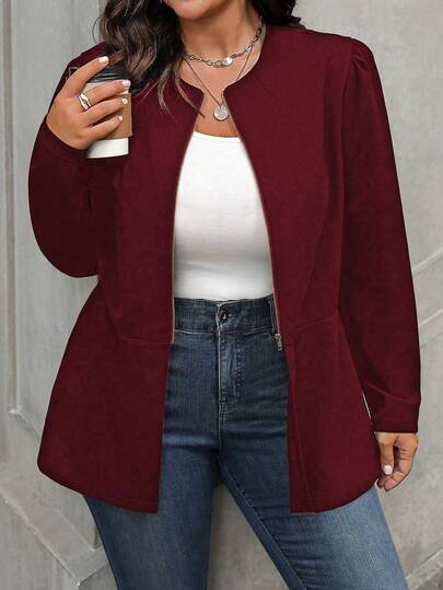 EMERY ROSE Plus Size Casual Solid Color Cinched Waist Jacket