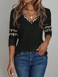 EMERY ROSE Áo thun dài tay cổ chữ V họa tiết da báo và sọc tương phản cổ điển thanh lịch dành cho nữ, thoải mái cho mùa xuân và mùa thu - Nhiều màu - Xem 1