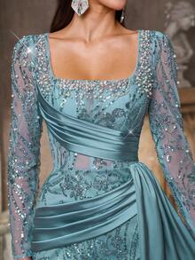 Váy dạ hội đuôi cá bằng vải satin mỏng, cổ vuông, tay dài, đính ngọc trai và sequin sang trọng, thanh lịch, phù hợp cho mọi dịp trang trọng, váy dạ hội - Màu xanh bụi bặm - Xem 3