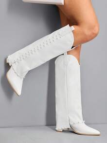CUCCOO SZL 女式尖头粗跟绒面西部流苏靴，修身高筒靴 - 白色 - 查看 3