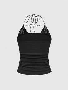 ROMWE J-Fashion Y2K Style Rose Print Rhinestone 2 Pieces Lace Trim Halter Ruched Camisole - Black - View 2