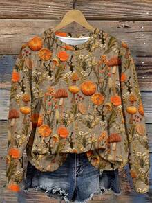 SHEIN LUNE Lässiger, minimalistischer, locker sitzender Langarm-Sweatshirt mit gedrucktem Muster für Damen, geeignet für Herbst/Winter, Retro-Muster, Pilz-Muster, Blume Muster - Verschiedenfarbig - Übersicht 5