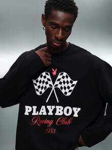 PLAYBOY X SUMWON Áo thun tay dài in hình cờ đua và logo cổ điển cho phong cách cuối tuần thường ngày - màu đen - Xem 3
