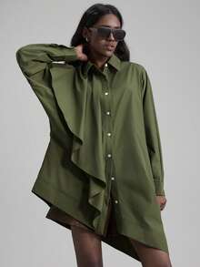 Ontre Áo sơ mi dài tay thiết kế bất đối xứng dành cho nữ, trang phục công sở thường ngày khi đi làm, áo cánh thanh lịch cho công sở, trang phục dự tiệc cưới, áo đỏ, áo sơ mi cơ bản - xanh quân đội - Xem 6