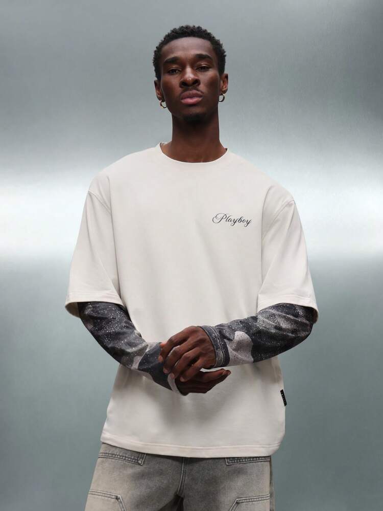 PLAYBOY X SUMWON Regular Fit Crew Neck Overlay Tee With Camouflage Long Sleeves Layered Look Streetwear Style