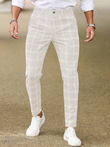 Manfinity Homme 男士休閒格紋修身西褲 - 杏色 - 查看 4