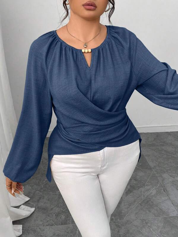 Elenzga Plus Size Women's Solid Color Keyhole Neck Lantern Sleeve Ruched High-Low Hem Fashionable Blouse