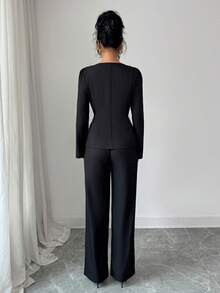 SHEIN PETITE 小巧优雅女士方领长袖口袋双排扣西装外套和直筒裤两件套，适合秋季、感恩节、办公穿着 - 黑色 - 查看 2