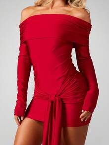 MISSGUIDED Vestido Curto Ombro a Ombro Bardot com Detalhe de Amarração, Manga Longa, Modelagem Justa, Festa e Noite - Vermelho - Visão 1