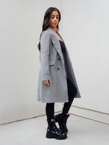 SAYEHFBABY 秋冬休閒純色雙排扣大衣，適合女性與嬌小女性 - 灰色 - 查看 5