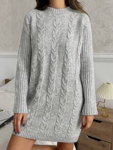 CasuGlow Women Solid Color Cable Knit Pattern Rib Knit Round Neck Drop Shoulder Mini Sweater Dress Cable Knit Sweater Dress With Long Sleeves And Ribbed Hem For Cozy Winter Casual Looks - Light Grey - View 3