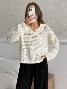 EURMUSE Damen einfarbiger Pullover mit Polokragen, Ausschnitt, Drop-Shoulder - Creme - Übersicht 2